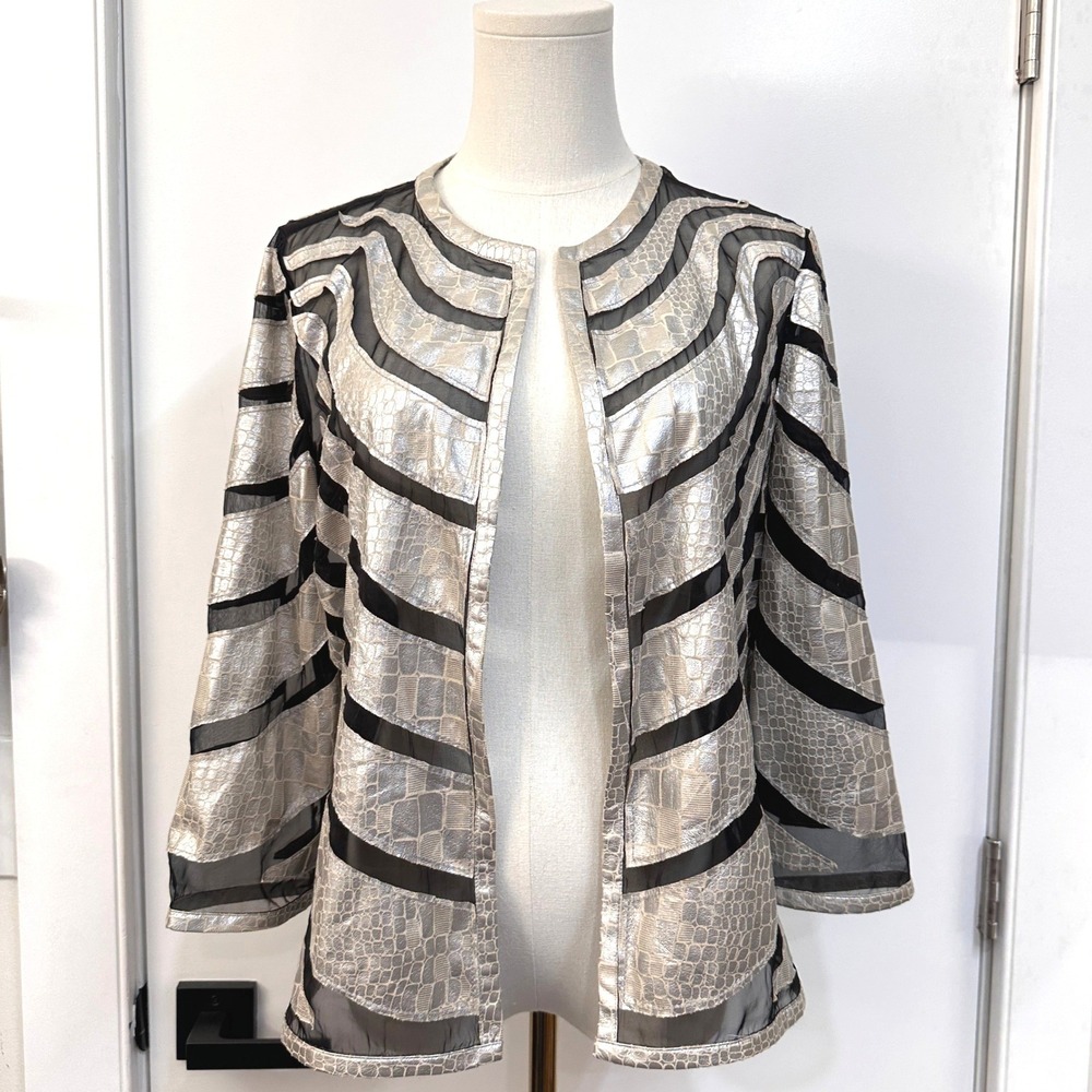 Chico's Wave Applique Margo Jacket Black/Neutral Small Faux Leather Metallic
